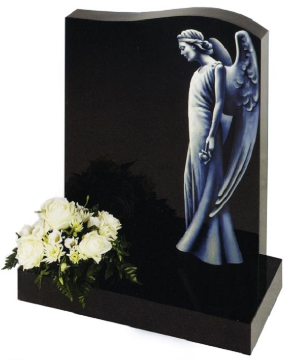 Memorial headstone and base in black granite with coloured design as seen in brochure